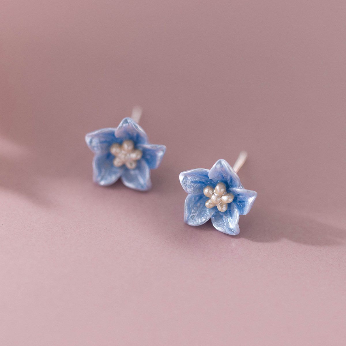 Blue Flower S925 Sterling Silver Delicate Blossom Ear Stud Earrings view 2