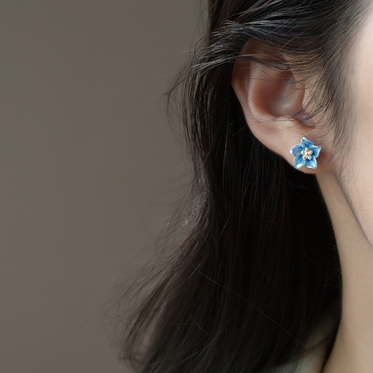 Blue Flower S925 Sterling Silver Delicate Blossom Ear Stud Earrings view 3