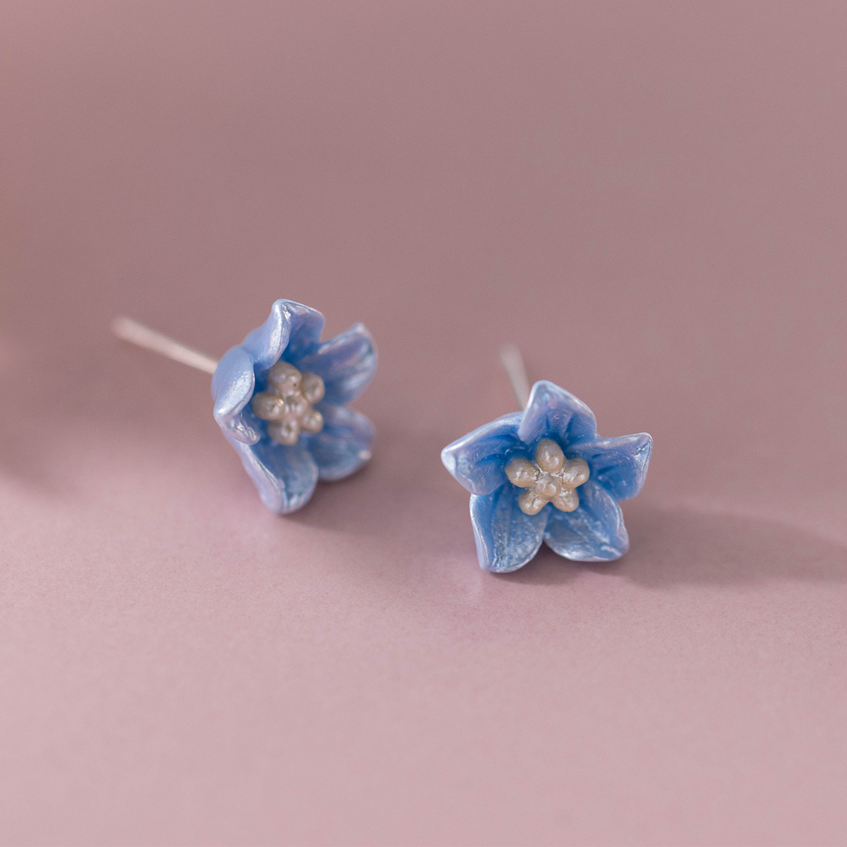 Blue Flower S925 Sterling Silver Delicate Blossom Ear Stud Earrings view 4
