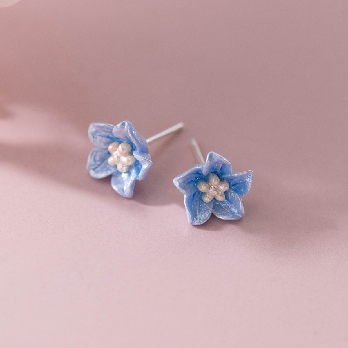 Blue Flower S925 Sterling Silver Delicate Blossom Ear Stud Earrings view 5