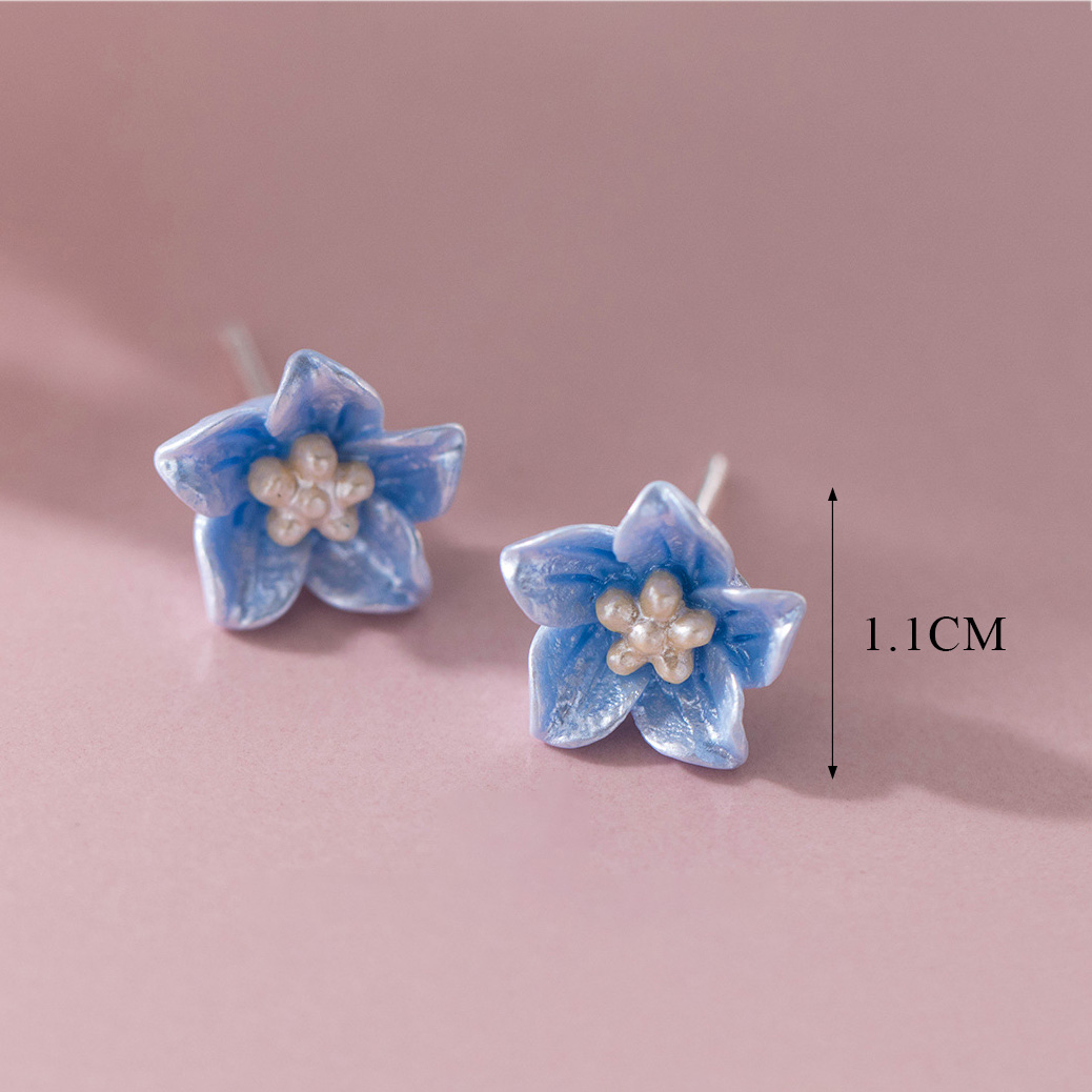 Blue Flower S925 Sterling Silver Delicate Blossom Ear Stud Earrings view 6