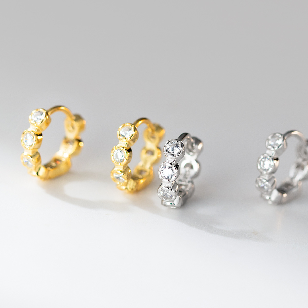 Amazing Crystals Round Bezel Set Huggie Hoop Earrings In 925 Sterling Silver With Silver Or Yellow Gold Finish Minimalist Shining Elegant Fashion Earrings view 2