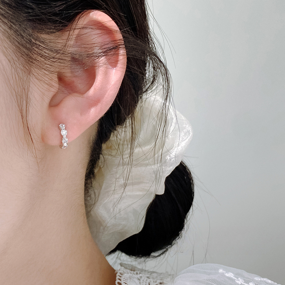 Amazing Crystals Round Bezel Set Huggie Hoop Earrings In 925 Sterling Silver With Silver Or Yellow Gold Finish Minimalist Shining Elegant Fashion Earrings view 3
