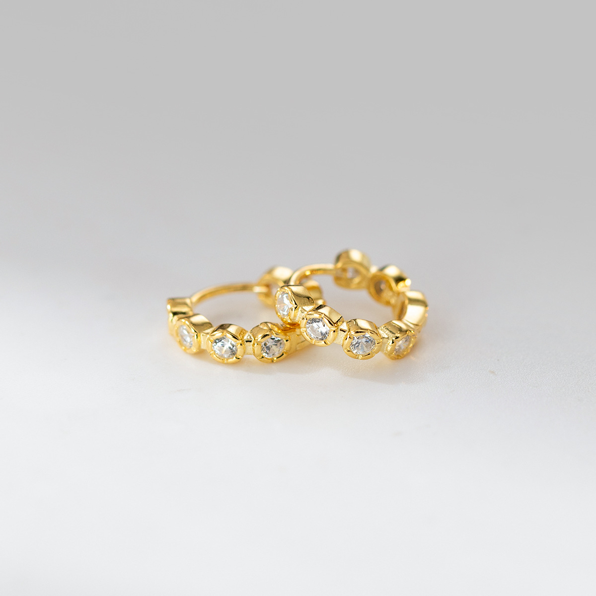 Amazing Crystals Round Bezel Set Huggie Hoop Earrings In 925 Sterling Silver With Silver Or Yellow Gold Finish Minimalist Shining Elegant Fashion Earrings view 5