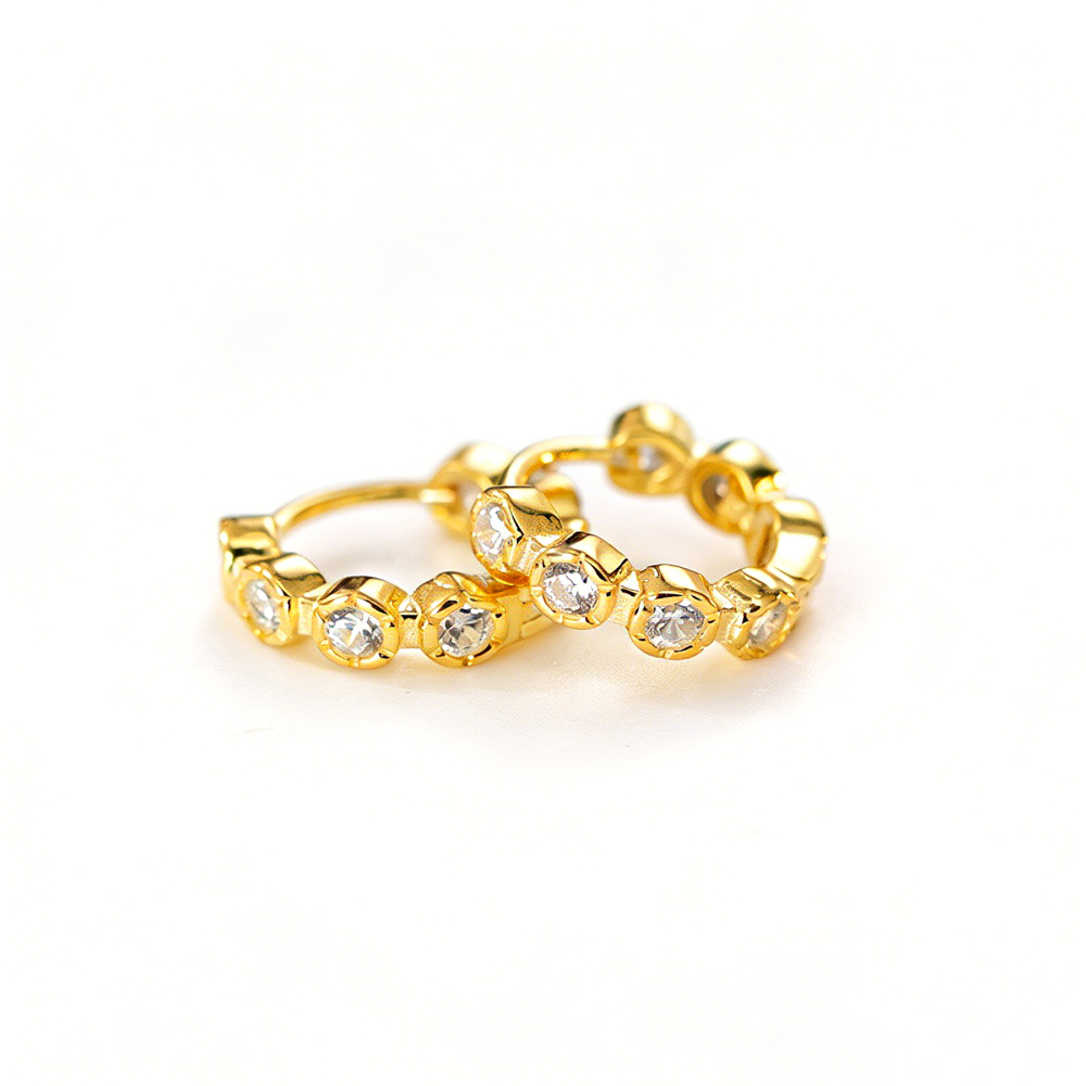 Amazing Crystals Round Bezel Set Huggie Hoop Earrings In 925 Sterling Silver With Silver Or Yellow Gold Finish Minimalist Shining Elegant Fashion Earrings view 7