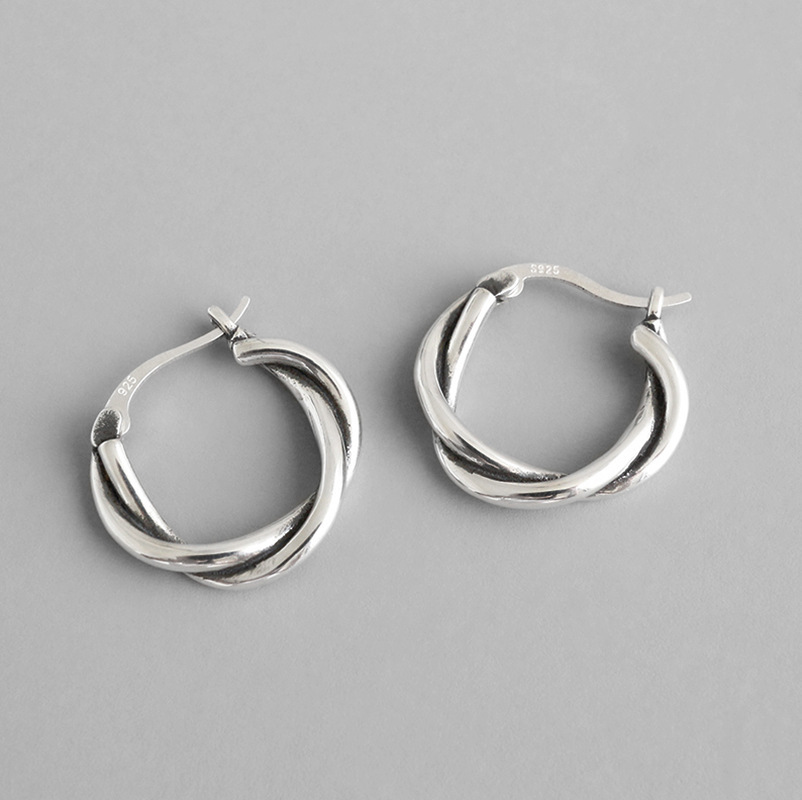 Vintage Twisted Design Retro Silver S925 Sterling Silver Hoop Earrings f