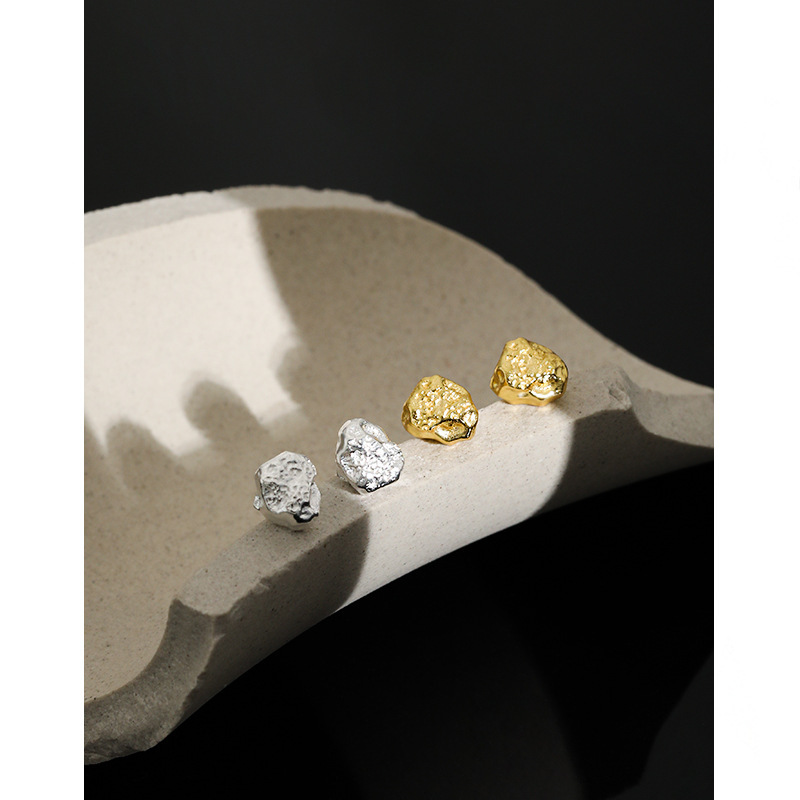 Modern Minimalist Geometric Textured Lava Design S925 Sterling Silver Stud Earrings view 3