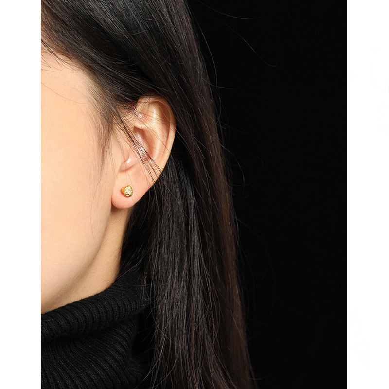 Modern Minimalist Geometric Textured Lava Design S925 Sterling Silver Stud Earrings view 4