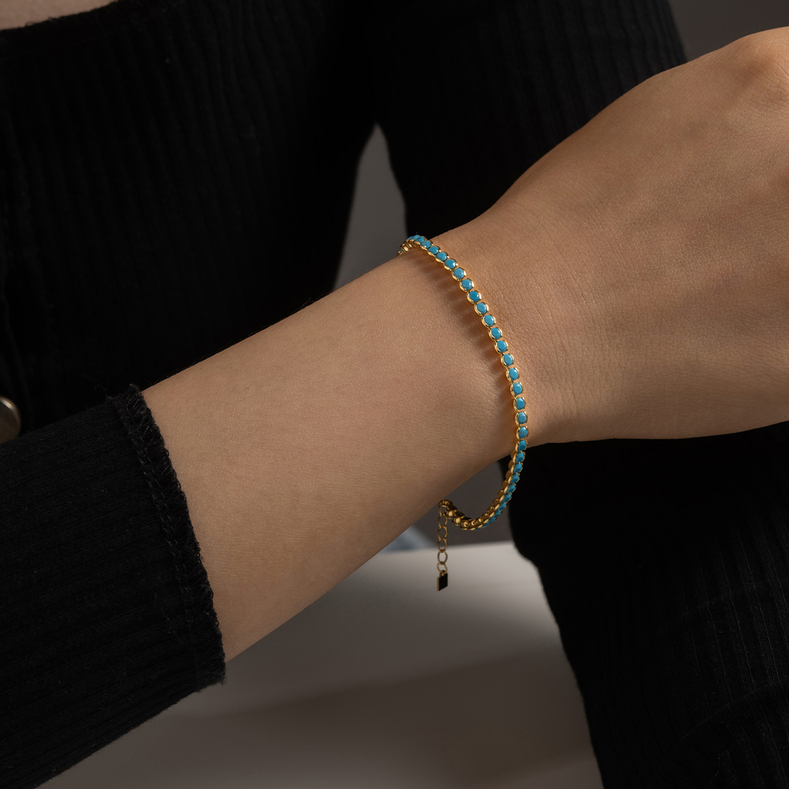 Blue Turquoise Bezel Set Natural Stone 925 Sterling Silver Tennis Chain Bracelet view 2