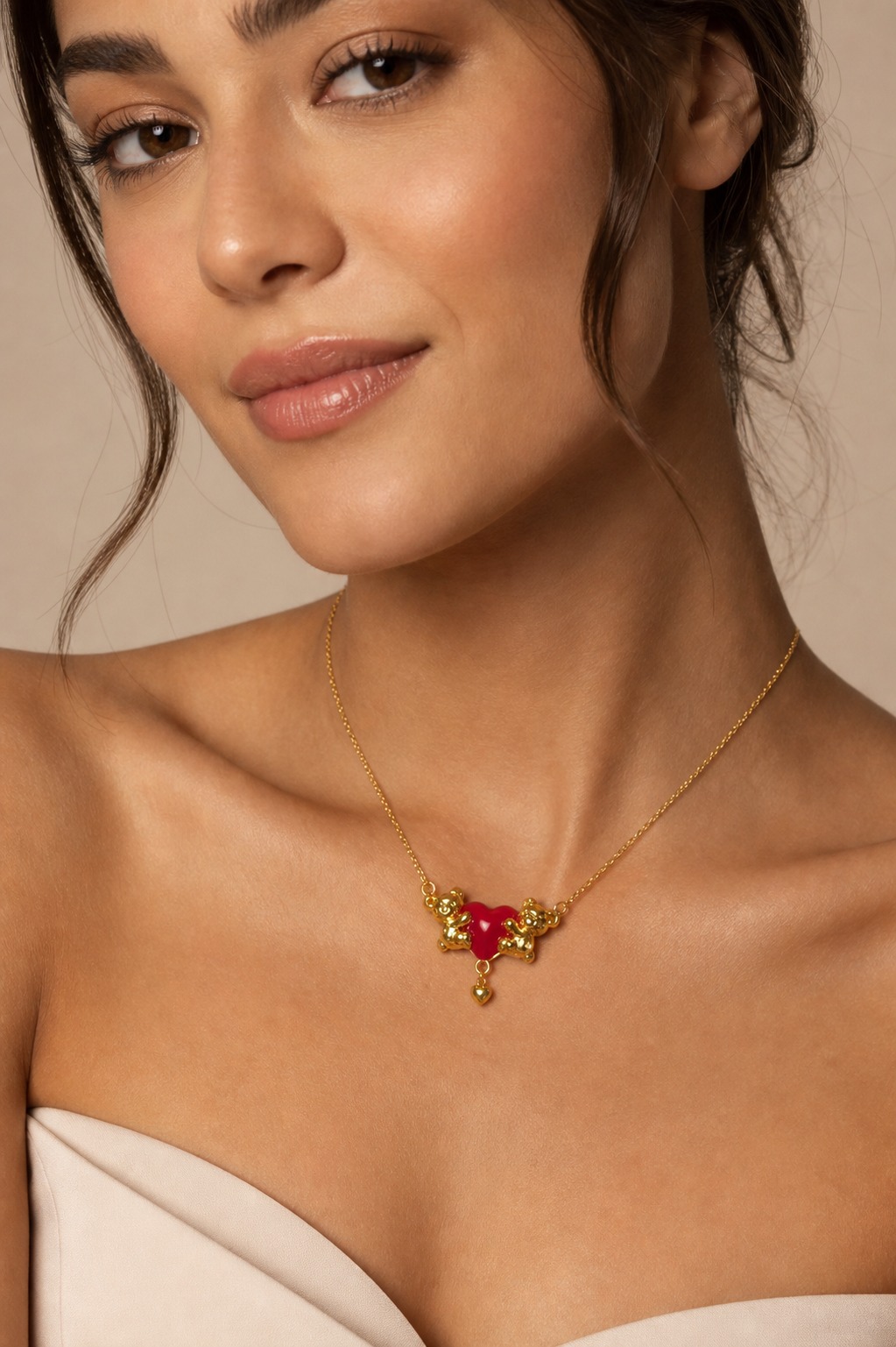 925 Sterling Silver Gold Plated Double Bear Red Enamel Heart Pendant Necklace view 2