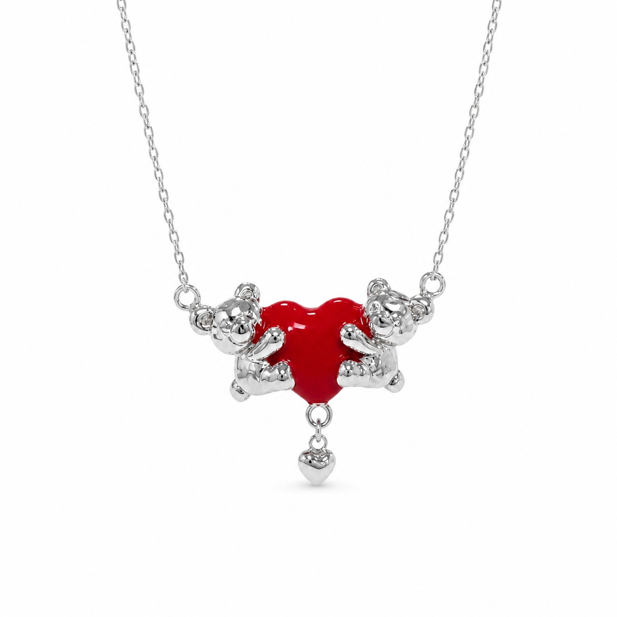 925 Sterling Silver Gold Plated Double Bear Red Enamel Heart Pendant Necklace view 5