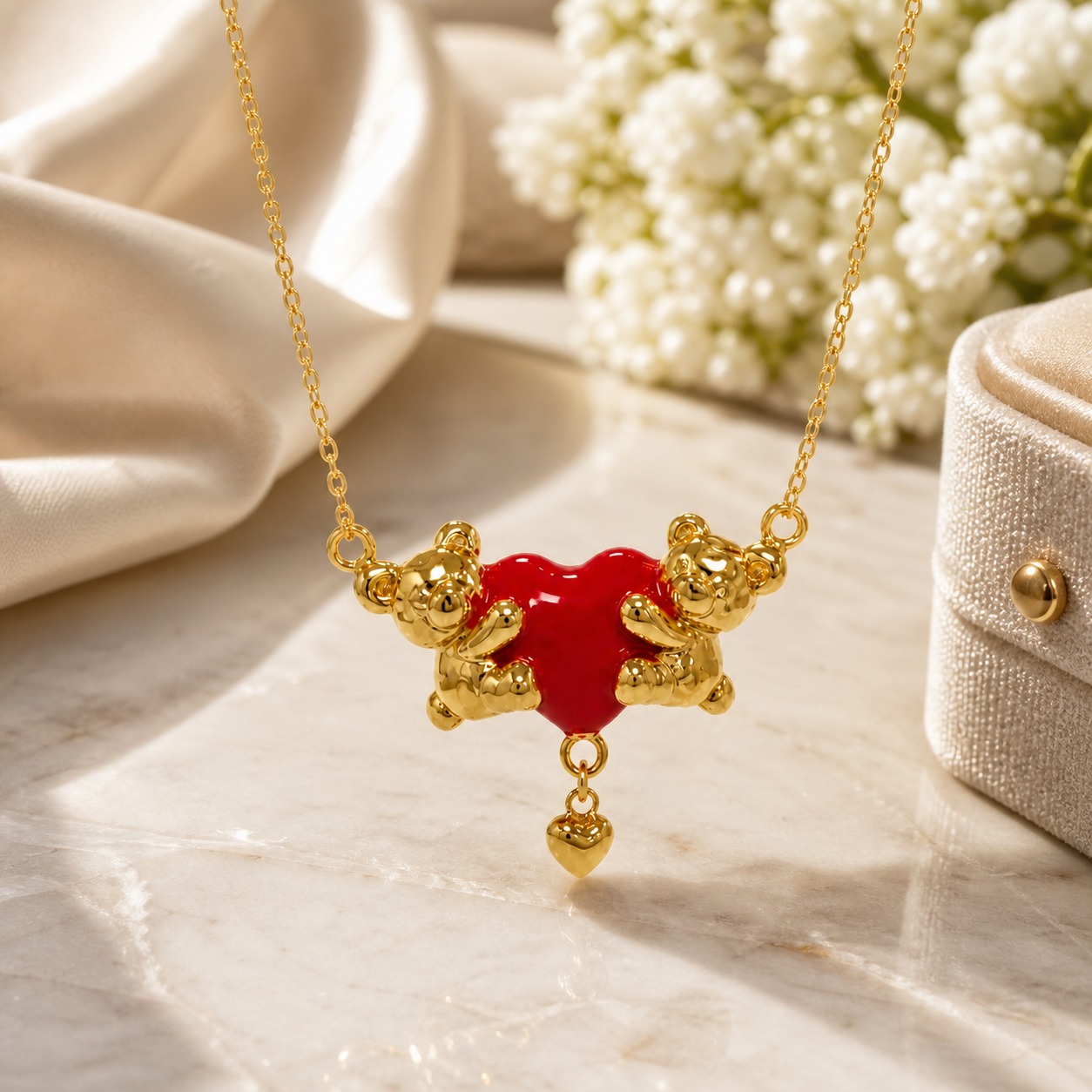 925 Sterling Silver Gold Plated Double Bear Red Enamel Heart Pendant Necklace view 6