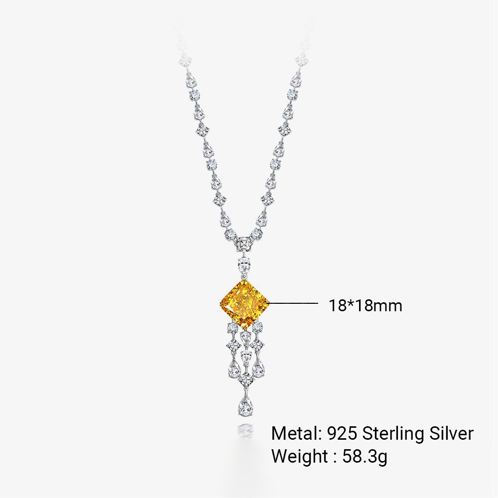 Yellow Square Amazing Crystals Tassel Pendant on a 925 Sterling Silver Necklace view 2