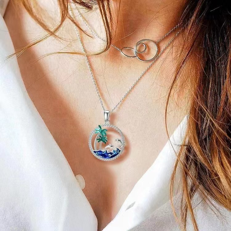 Ocean Island Dolphin Palm Tree 925 Sterling Silver Pendant with Blue Waves and Green Palm Leaves Enamel Decoration in Circular Hollow Form Necklace view 2