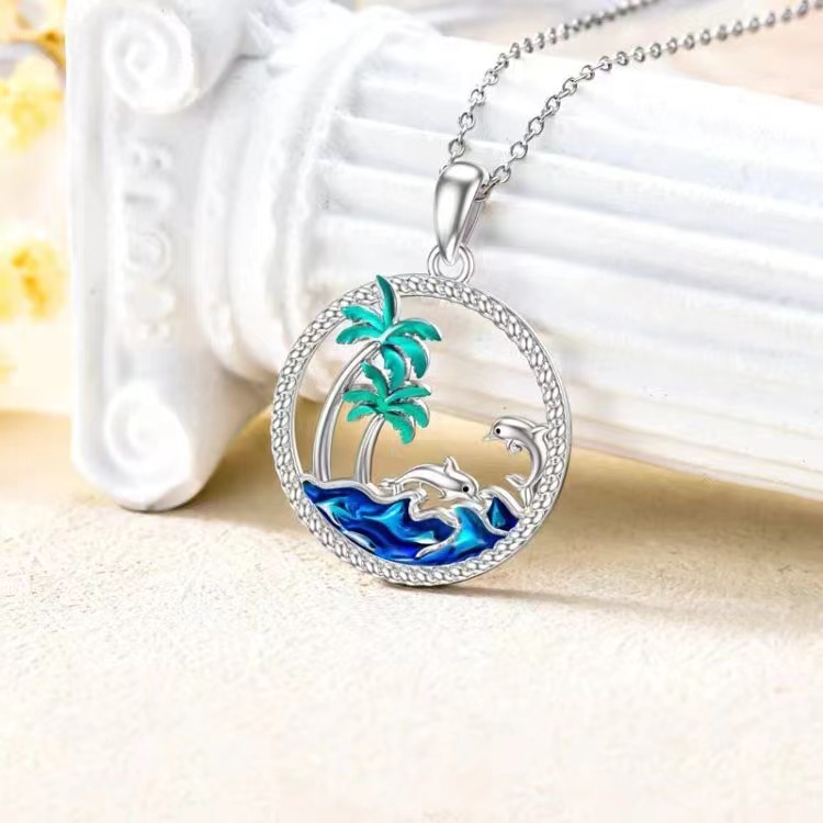Ocean Island Dolphin Palm Tree 925 Sterling Silver Pendant with Blue Waves and Green Palm Leaves Enamel Decoration in Circular Hollow Form Necklace view 3