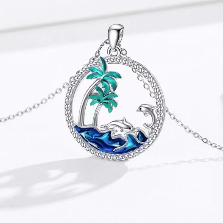 Ocean Island Dolphin Palm Tree 925 Sterling Silver Pendant with Blue Waves and Green Palm Leaves Enamel Decoration in Circular Hollow Form Necklace view 4
