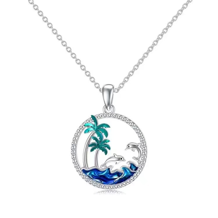 Ocean Island Dolphin Palm Tree 925 Sterling Silver Pendant with Blue Waves and Green Palm Leaves Enamel Decoration in Circular Hollow Form Necklace view 5