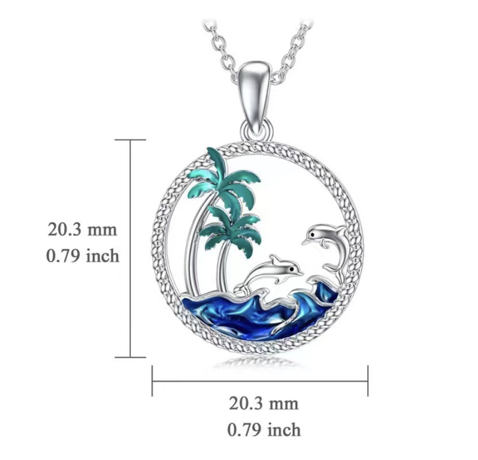 Ocean Island Dolphin Palm Tree 925 Sterling Silver Pendant with Blue Waves and Green Palm Leaves Enamel Decoration in Circular Hollow Form Necklace view 6
