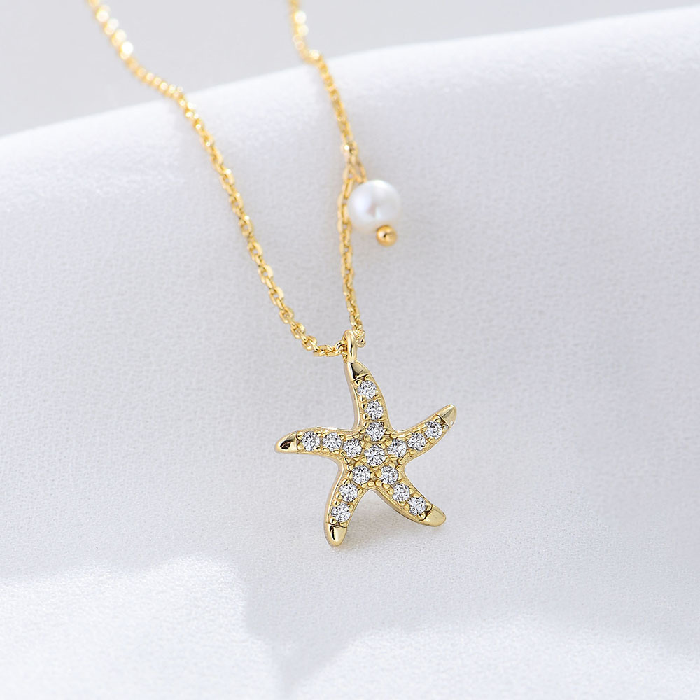Starfish Pearl Amazing Crystals 925 Sterling Silver Elegant Short Collar Chain Necklace view 2
