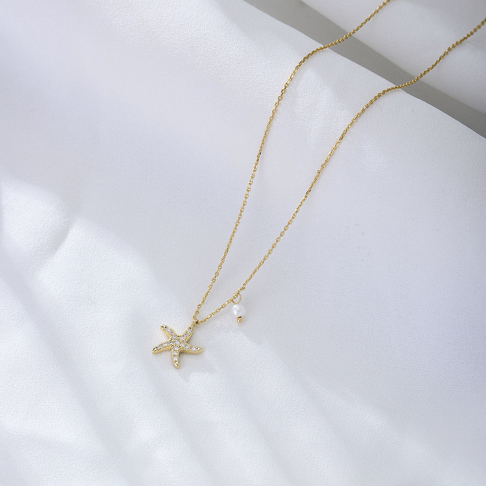 Starfish Pearl Amazing Crystals 925 Sterling Silver Elegant Short Collar Chain Necklace view 3