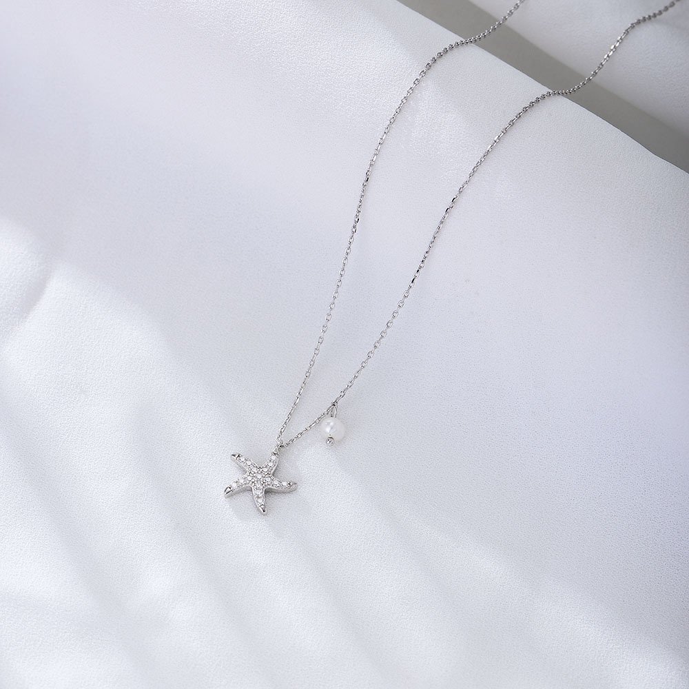 Starfish Pearl Amazing Crystals 925 Sterling Silver Elegant Short Collar Chain Necklace view 4