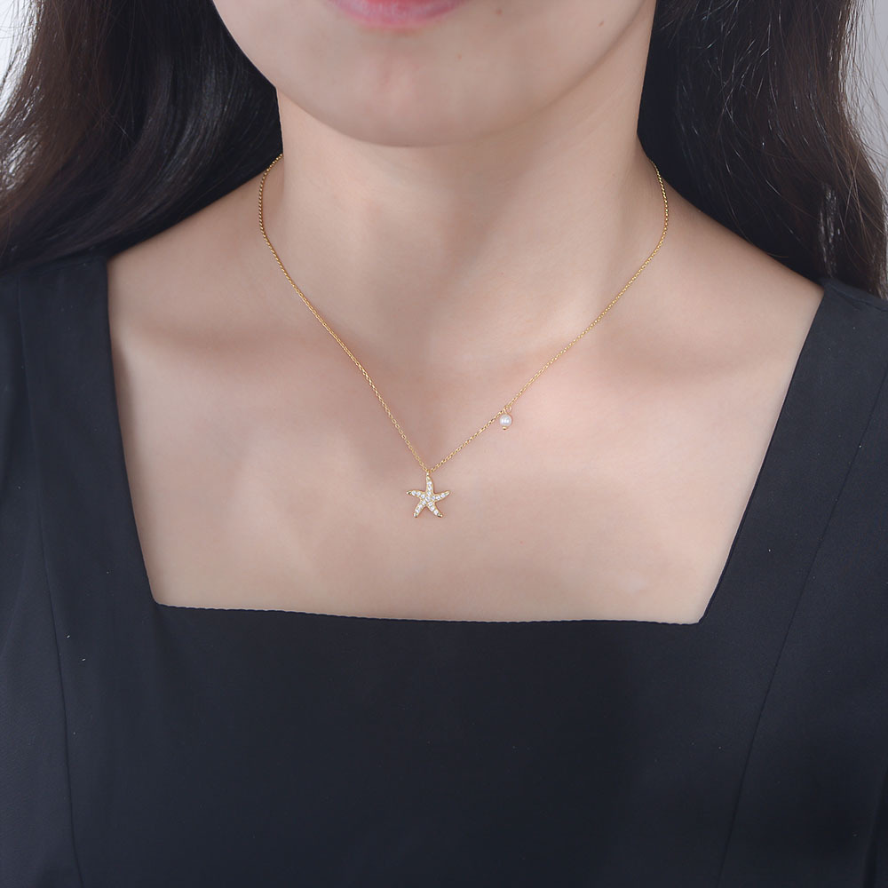 Starfish Pearl Amazing Crystals 925 Sterling Silver Elegant Short Collar Chain Necklace view 5