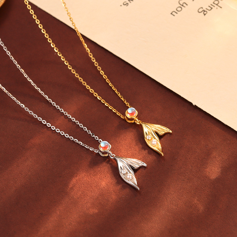 Mermaid Tail Pearl 925 Sterling Silver Necklace Semi Transparent Round Decorative Fashion Simple Pendant Necklace view 2