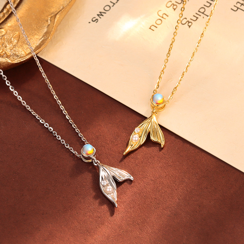Mermaid Tail Pearl 925 Sterling Silver Necklace Semi Transparent Round Decorative Fashion Simple Pendant Necklace view 4