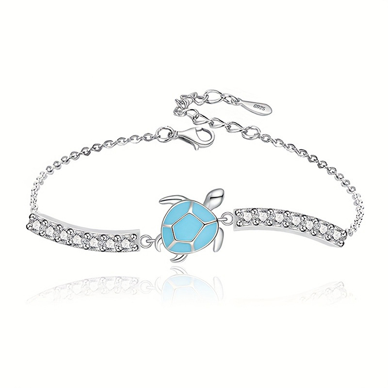 Blue sea turtle Amazing Crystals cute animal 925 sterling silver chain Bracelet