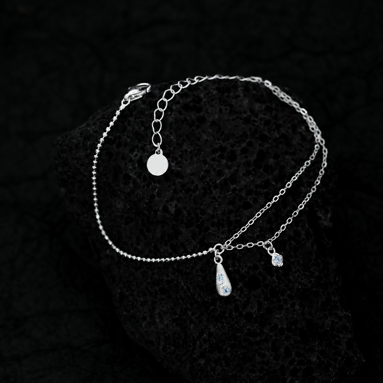 Amazing Crystals Teardrop Pendant: 925 Sterling Silver Minimalist Layered Teardrop Pendant with Double Chain Bracelet view 2