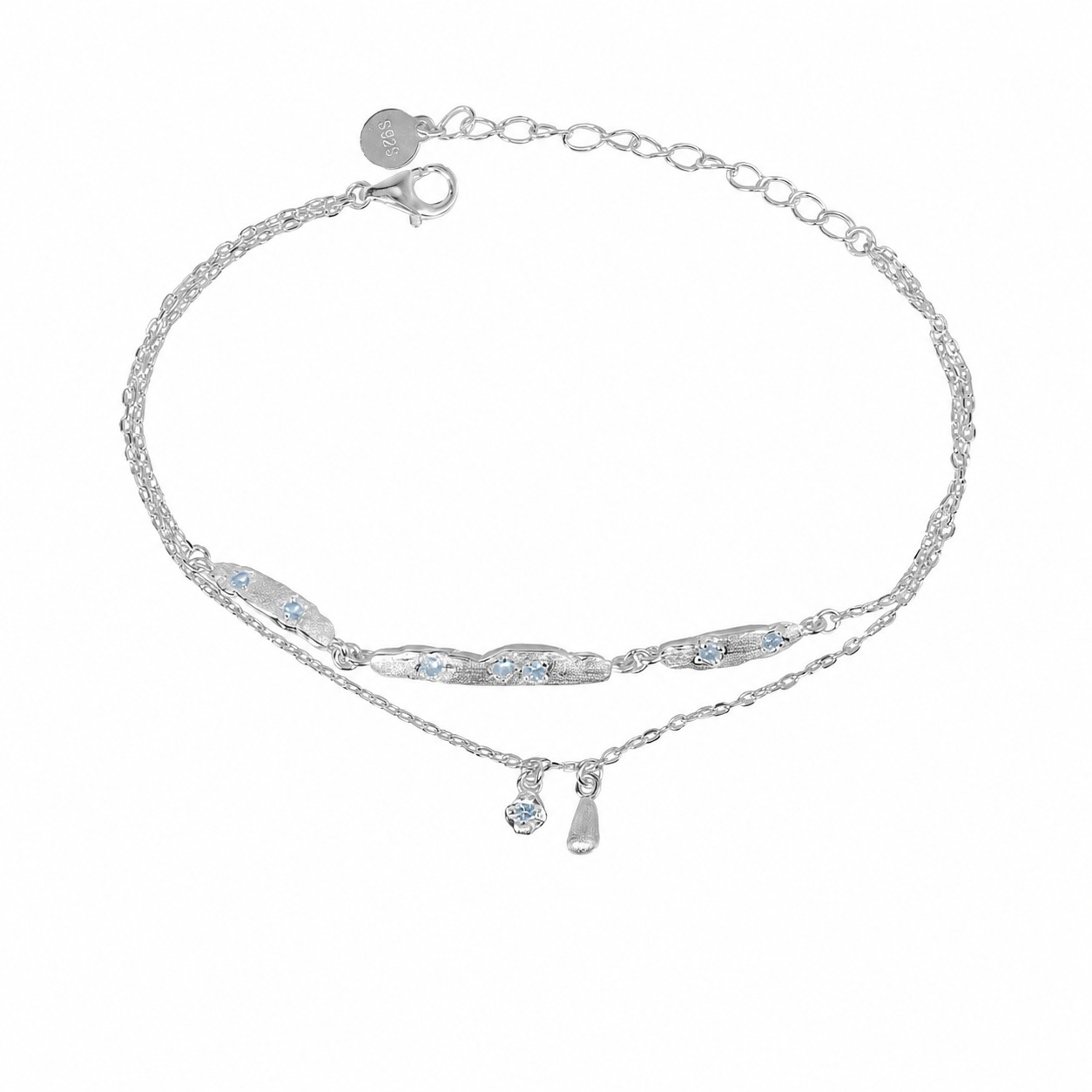 Amazing Crystals Double Layer Teardrop Pendant with 925 Sterling Silver Brushed Texture Irregular Bar Link Bracelet