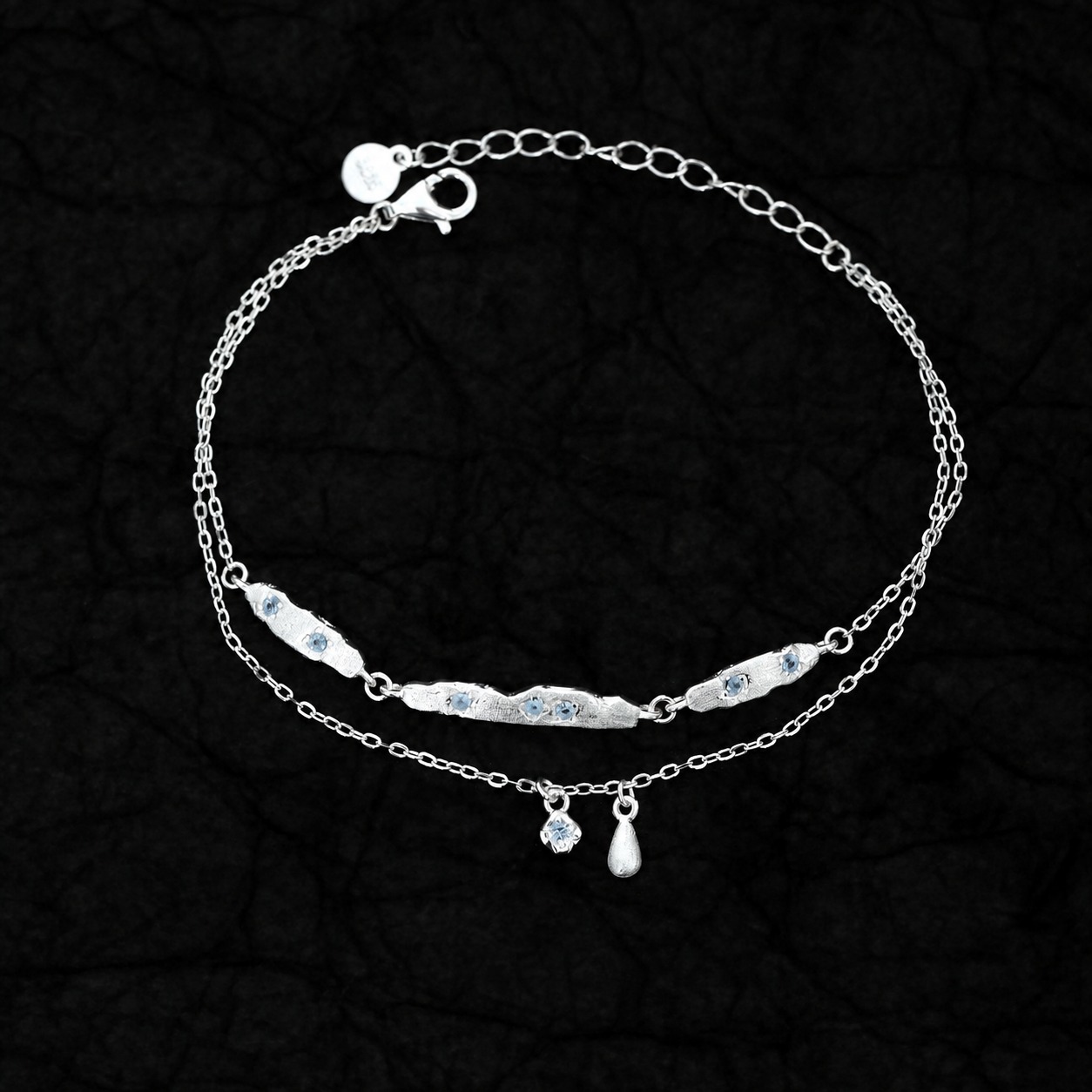 Amazing Crystals Double Layer Teardrop Pendant with 925 Sterling Silver Brushed Texture Irregular Bar Link Bracelet view 2