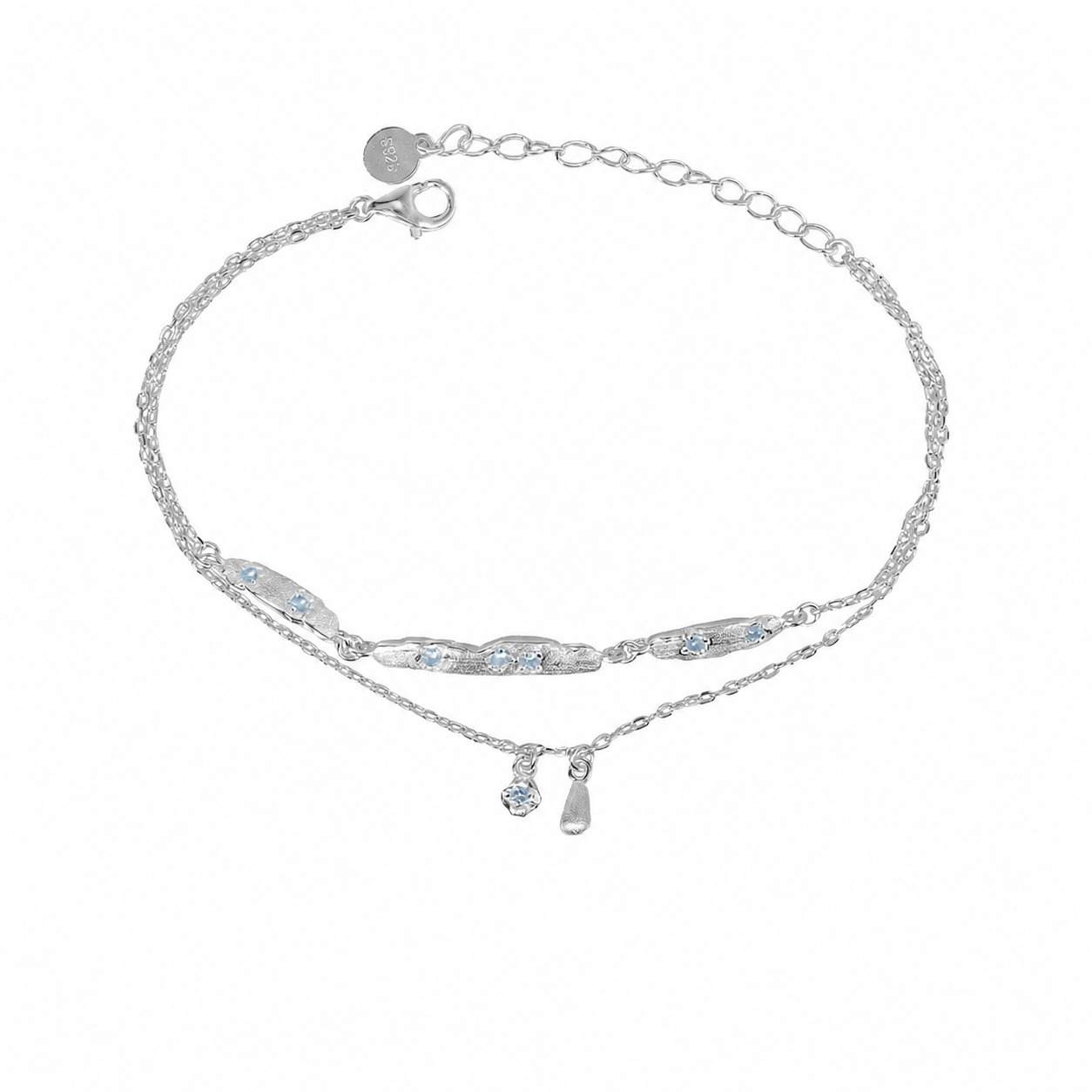 Amazing Crystals Double Layer Teardrop Pendant with 925 Sterling Silver Brushed Texture Irregular Bar Link Bracelet view 5