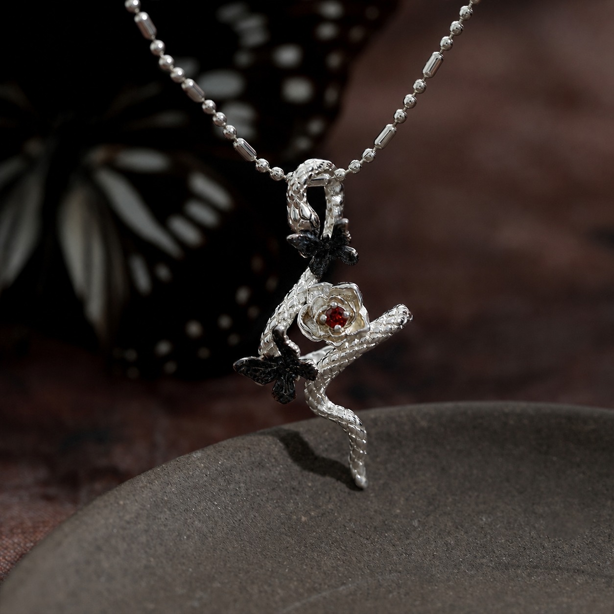 Snake Butterfly Zircon and Red Gemstone Flower Pendant on a 925 Sterling Silver Necklace view 2