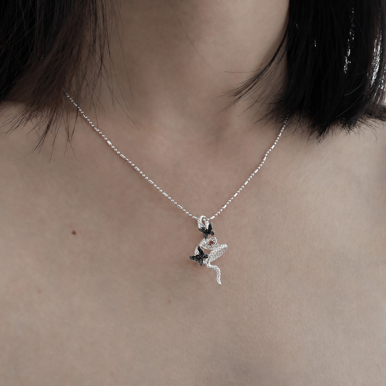 Snake Butterfly Zircon and Red Gemstone Flower Pendant on a 925 Sterling Silver Necklace view 3