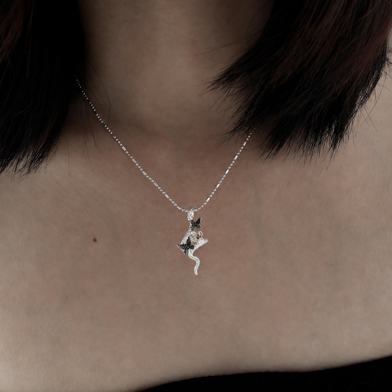 Snake Butterfly Zircon and Red Gemstone Flower Pendant on a 925 Sterling Silver Necklace view 4