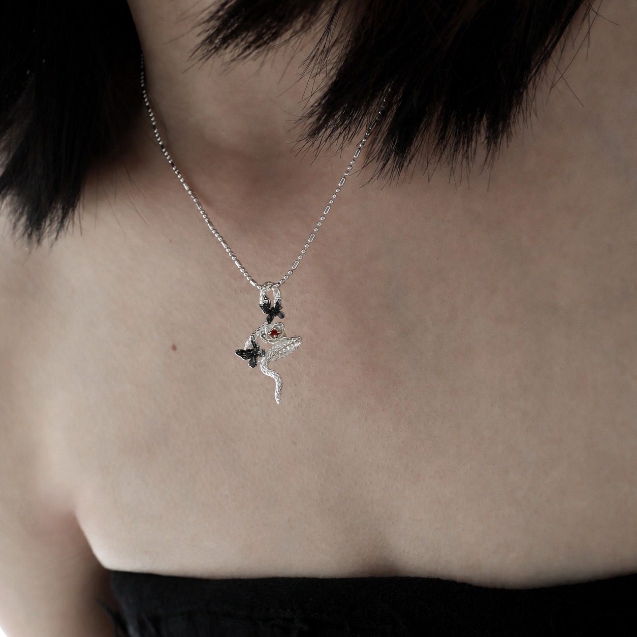 Snake Butterfly Zircon and Red Gemstone Flower Pendant on a 925 Sterling Silver Necklace view 5