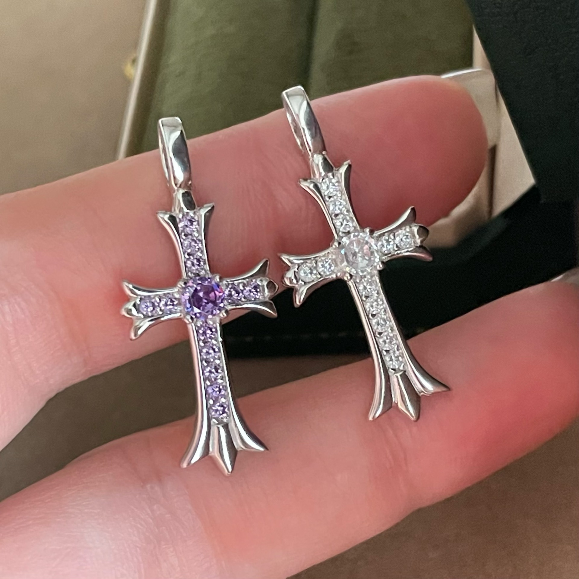 925 Sterling Silver Geometric Vintage Religious Cross Pendant Necklace with Purple or White Round Gemstone Accents view 2