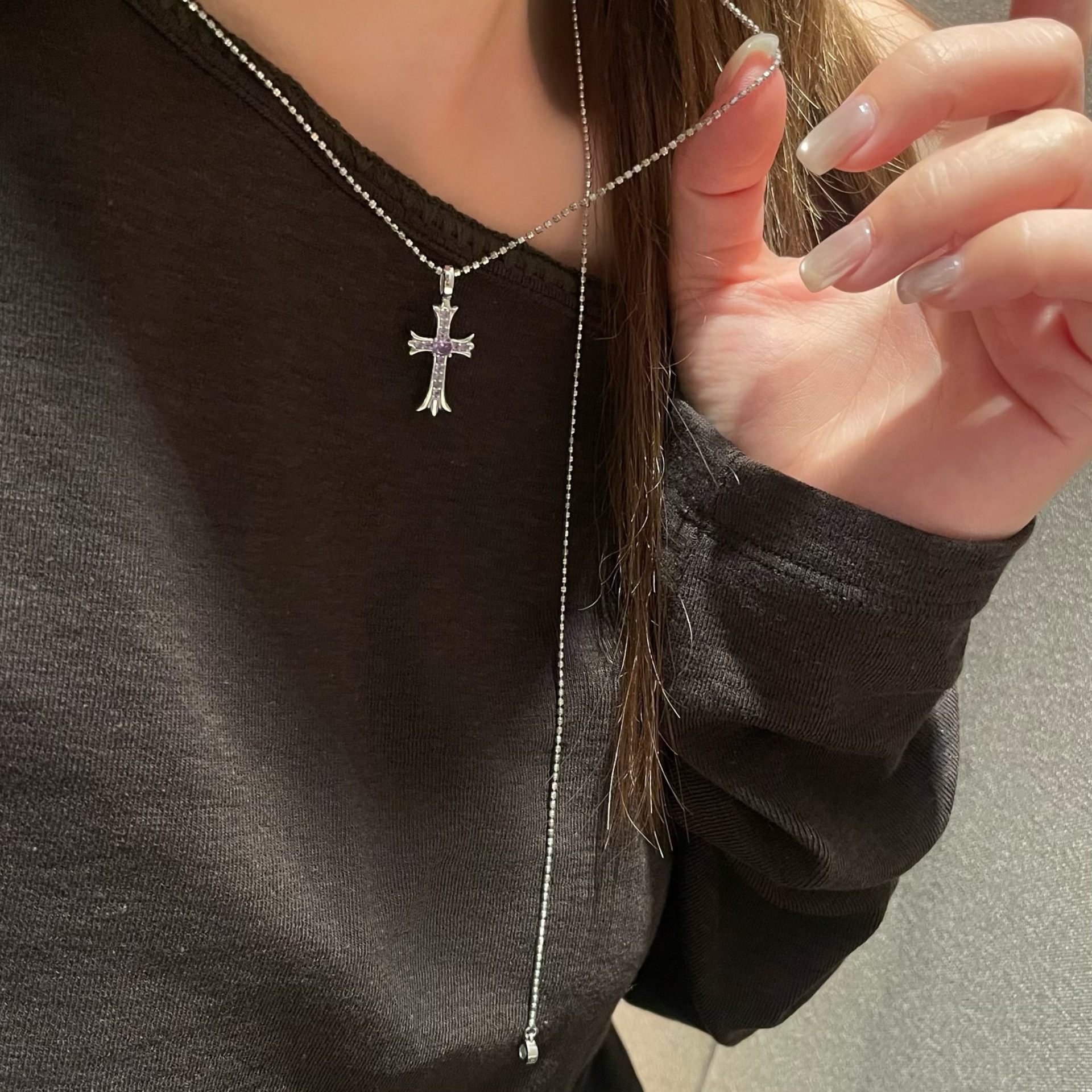 925 Sterling Silver Geometric Vintage Religious Cross Pendant Necklace with Purple or White Round Gemstone Accents view 3