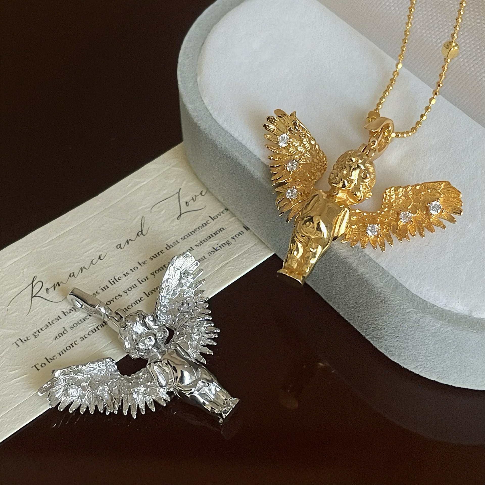 925 Silver Winged Cupid Angel Cubic Zirconium Fashion Necklace Pendant view 3