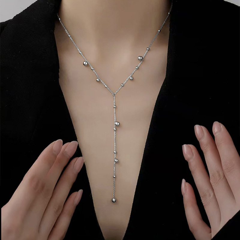 Pure Metal Geometric Tassel Bead Drop Y Necklace 925 Sterling Silver Long Flowing Chain Necklace view 4