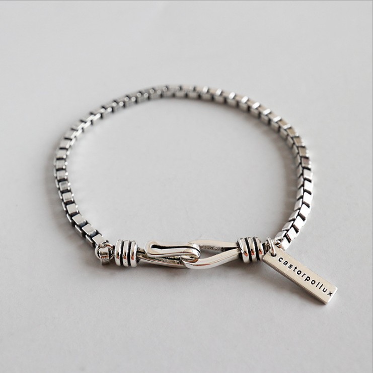 Hook Clasp And Rectangular Letter Tag Geometric Line Design Vintage Minimalist Fashion Jewelry925 Sterling Silver Box Chain Bracelet view 2