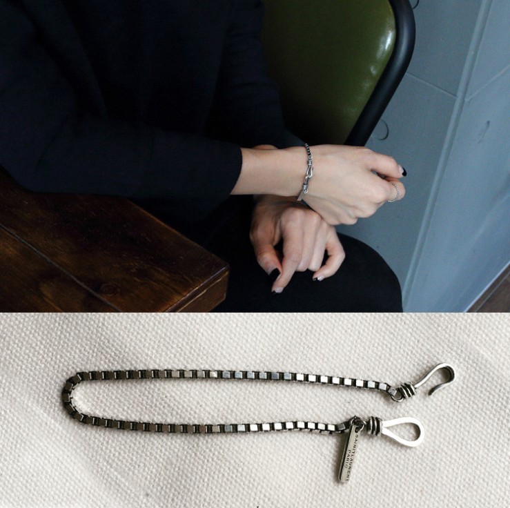 Hook Clasp And Rectangular Letter Tag Geometric Line Design Vintage Minimalist Fashion Jewelry925 Sterling Silver Box Chain Bracelet view 4