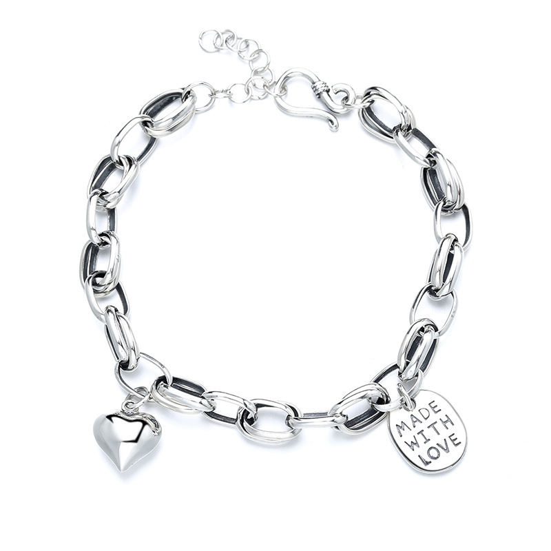 Heart Charm Link Chain Solid 925 Sterling Silver Vintage Bracelet