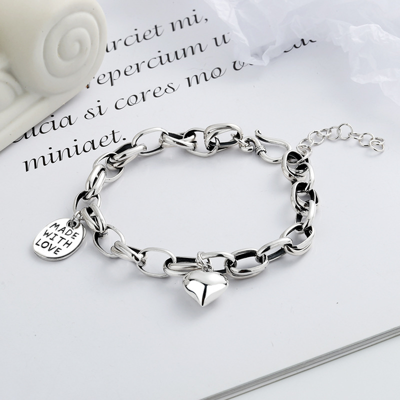 Heart Charm Link Chain Solid 925 Sterling Silver Vintage Bracelet view 2