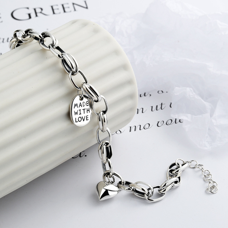 Heart Charm Link Chain Solid 925 Sterling Silver Vintage Bracelet view 3