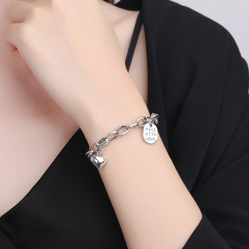 Heart Charm Link Chain Solid 925 Sterling Silver Vintage Bracelet view 4