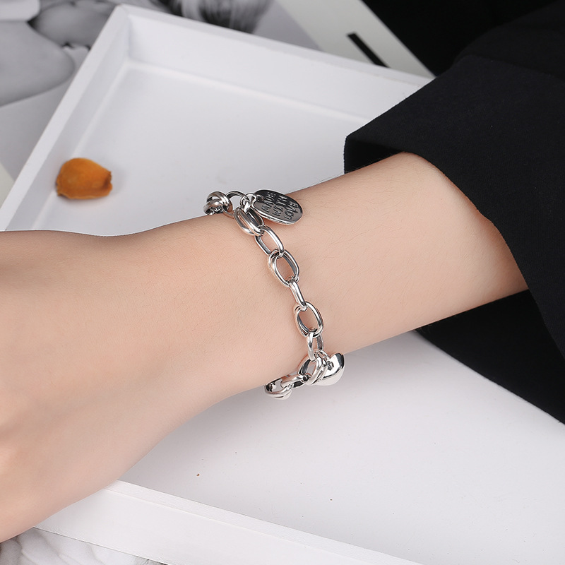 Heart Charm Link Chain Solid 925 Sterling Silver Vintage Bracelet view 5