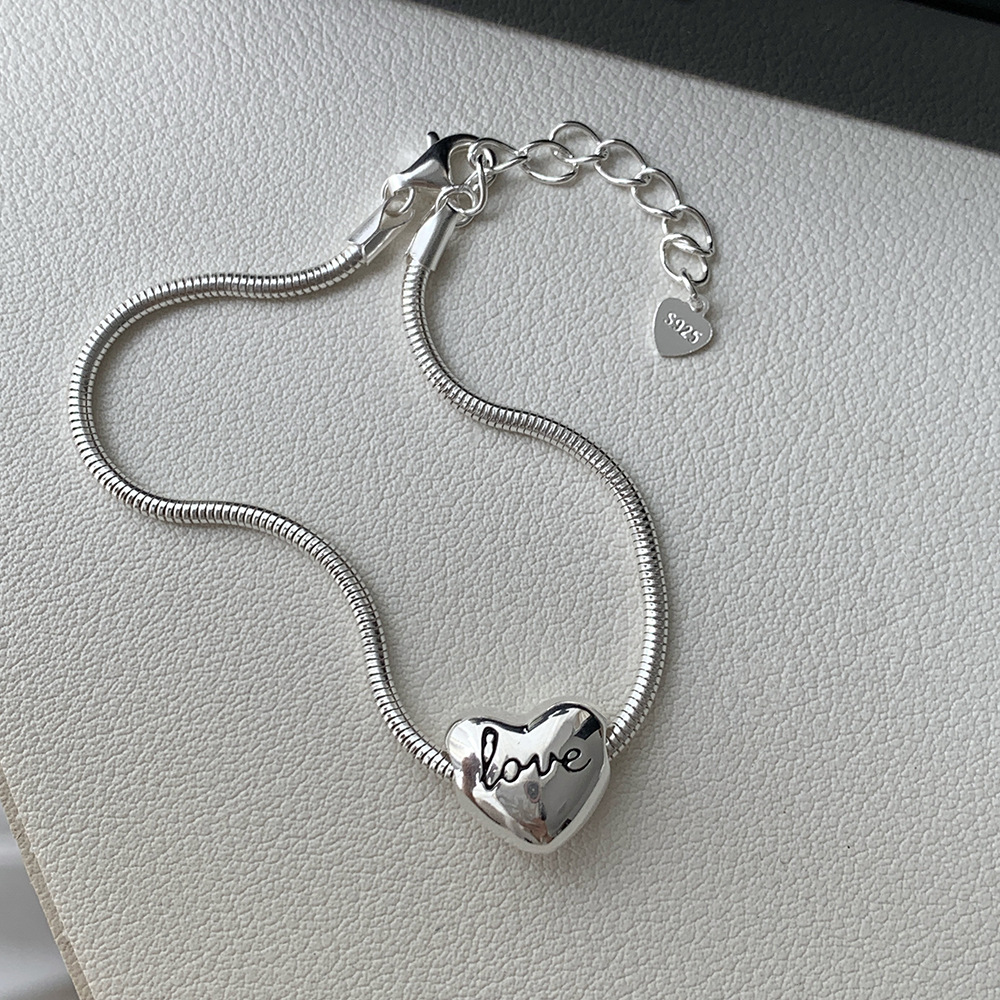 Silver S925 Sterling Silver Minimalist Heart Letter Love Bead Snake Chain Bracelet view 2