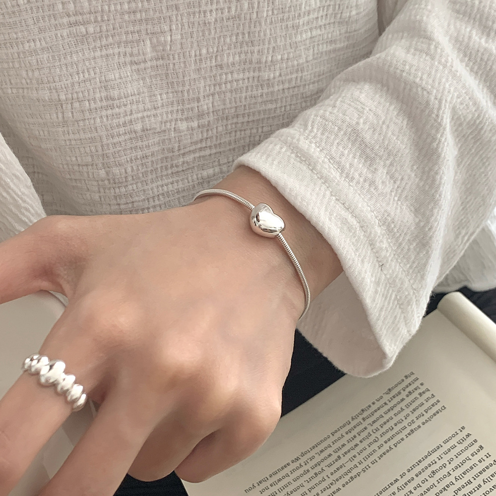 Silver S925 Sterling Silver Minimalist Heart Letter Love Bead Snake Chain Bracelet view 3